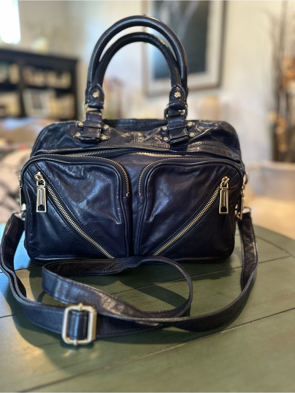 Rebecca Minkoff dark blue Leather with gold hardware Dual-Zip Satchel Bag
